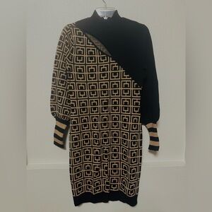New York & Company Black and Camel Geometric Knit Mini Dress